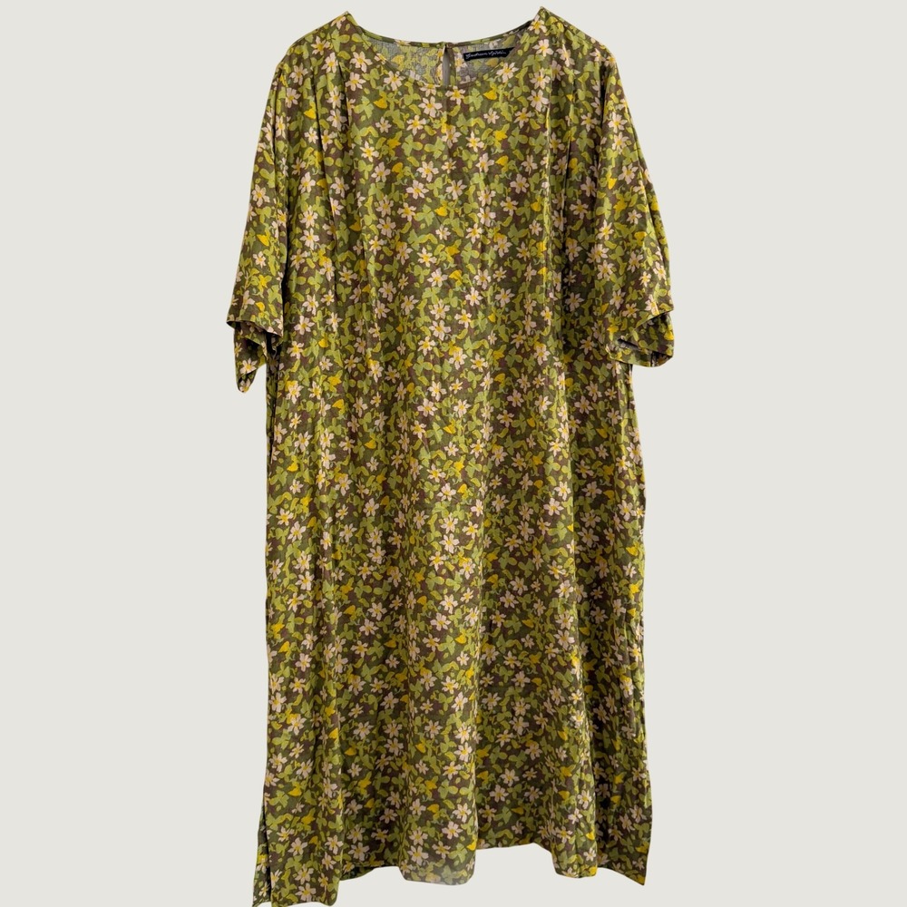 Gudrun Sjoden Tunic Midi Dress Womens XL Green Floral Viscose Short Sleeve